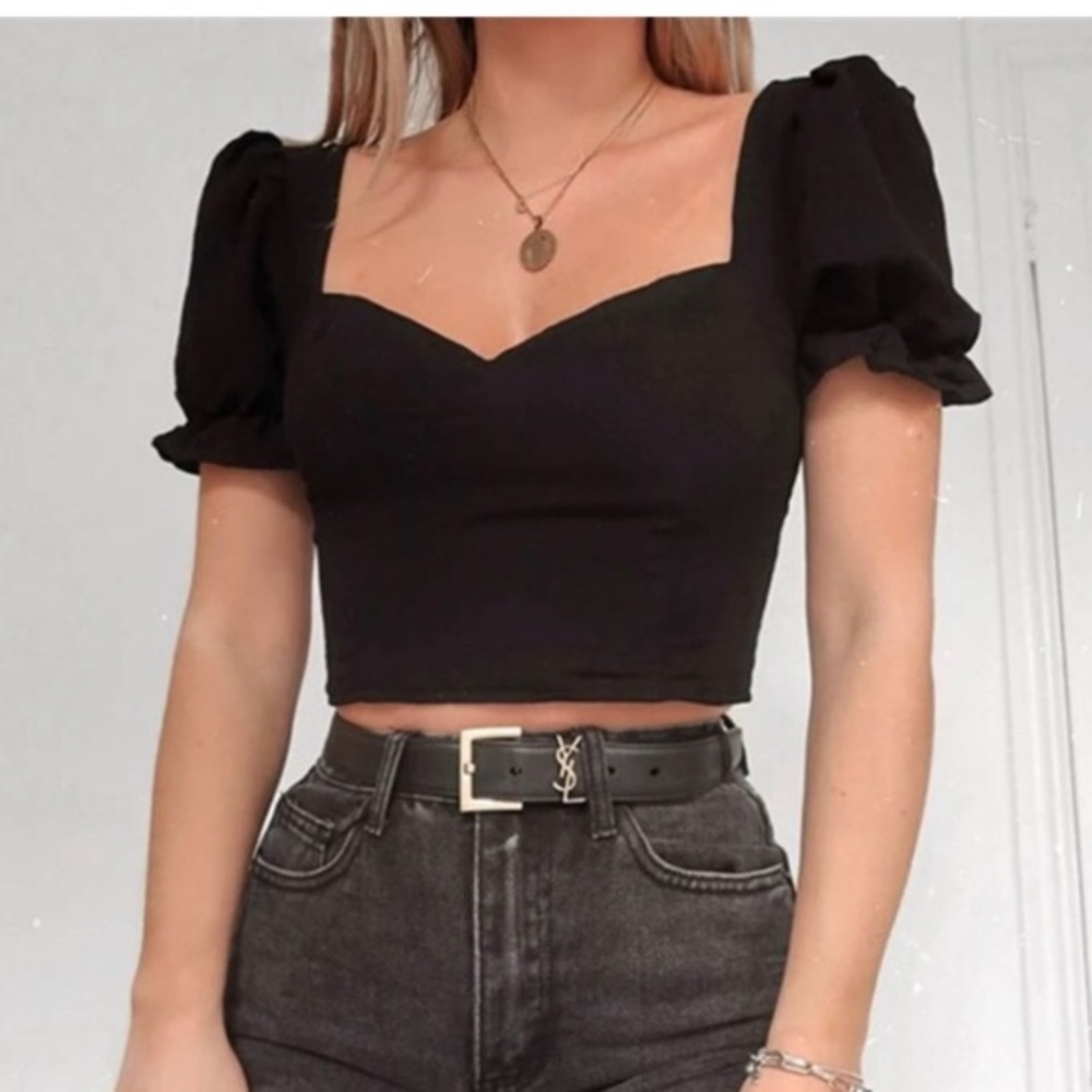 Black Puff Sleeve Crop Top XS
